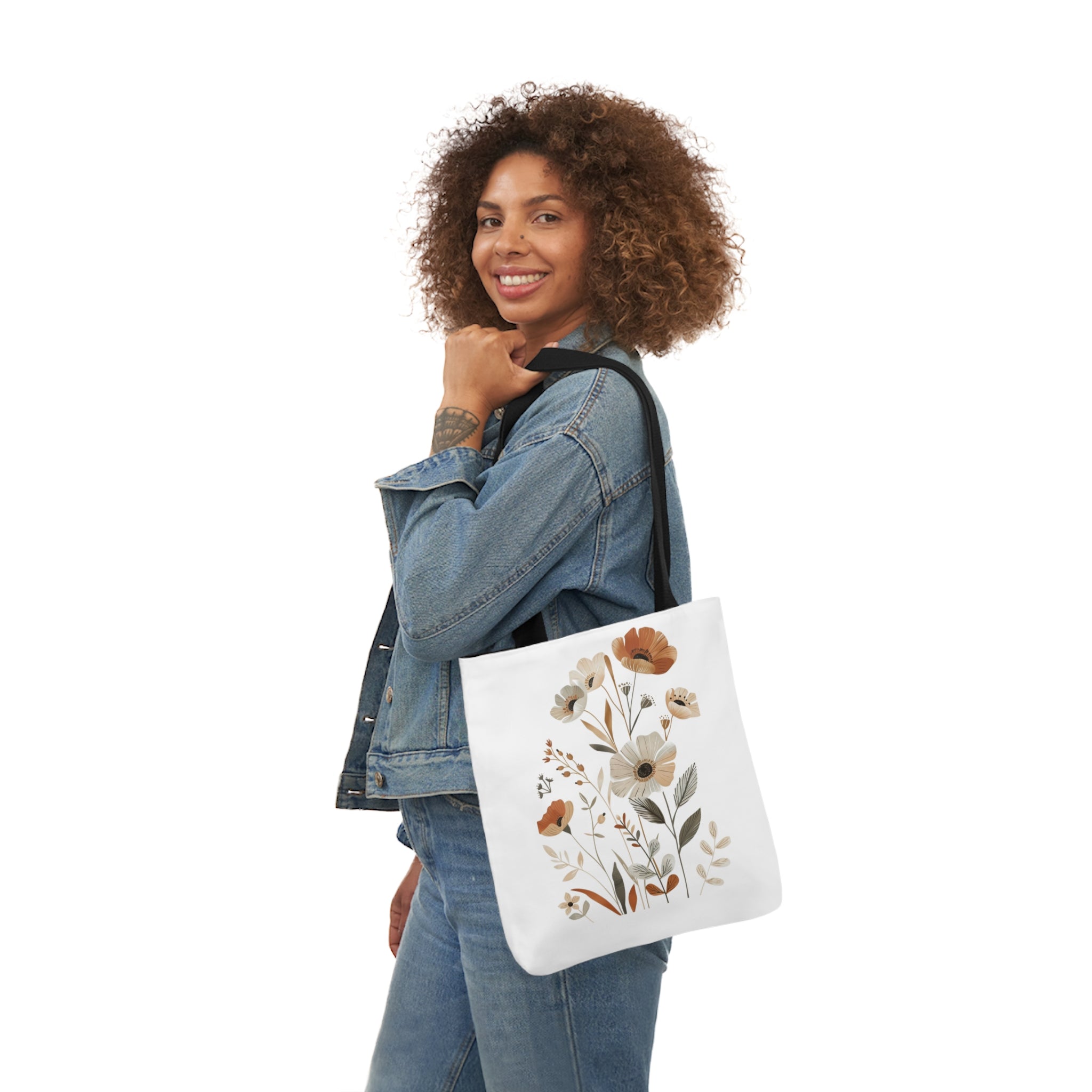 100% Polyester Canvas Tote Bag, 5-Color Straps, Lightweight Wildflower Tote Bag, Shopping Bag, Gift for Mom, Gift for Friend, Reusable Shopping Bag