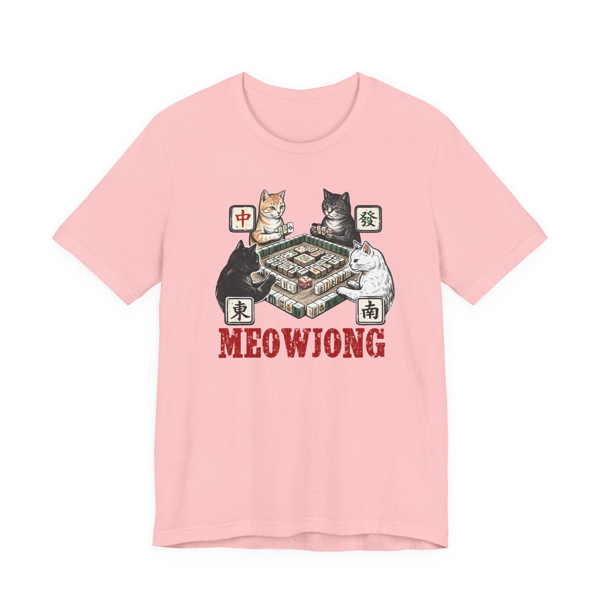 Meowjong Bella Canvas 3001 Shirt, Cats Playing Mahjong T-Shirt, Vintage Chinese Tile Game Gift, MahJong Player Present