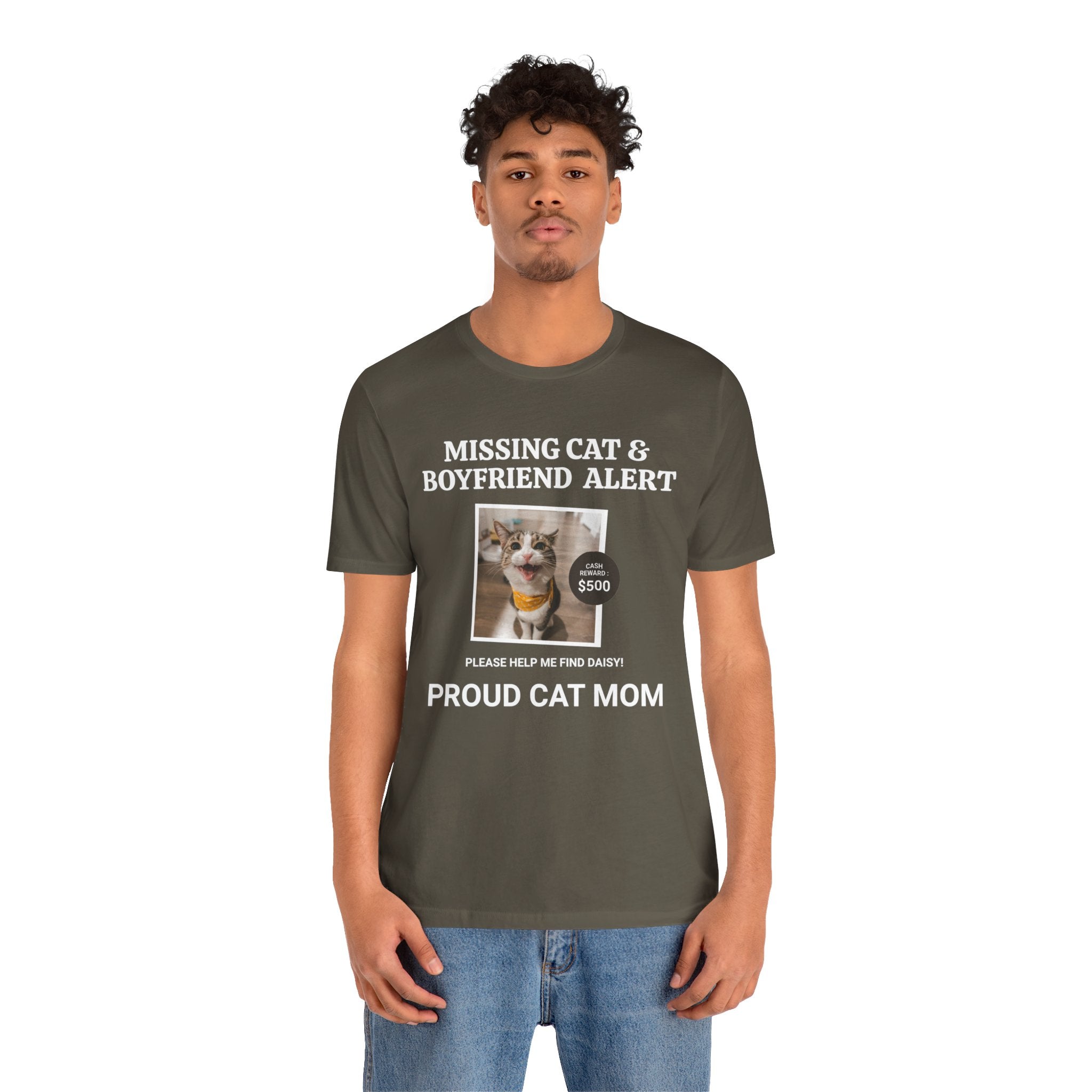 Funny Missing Cat & Boyfriend Alert Unisex Jersey Short Sleeve T-shirt, Cat Mom shirt, Funny Cat Shirt, Cat lover Shirt, Gift for Cat Mom, Cat T-shirt