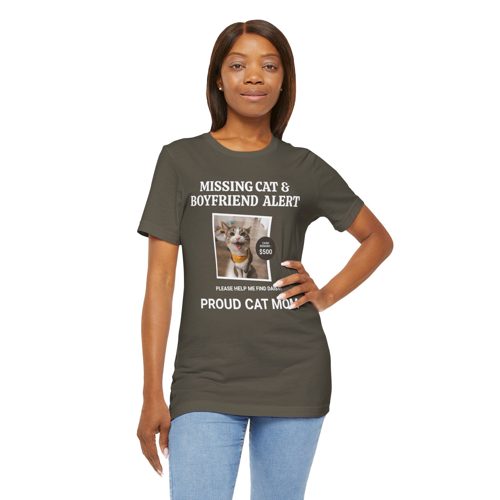 Funny Missing Cat & Boyfriend Alert Unisex Jersey Short Sleeve T-shirt, Cat Mom shirt, Funny Cat Shirt, Cat lover Shirt, Gift for Cat Mom, Cat T-shirt