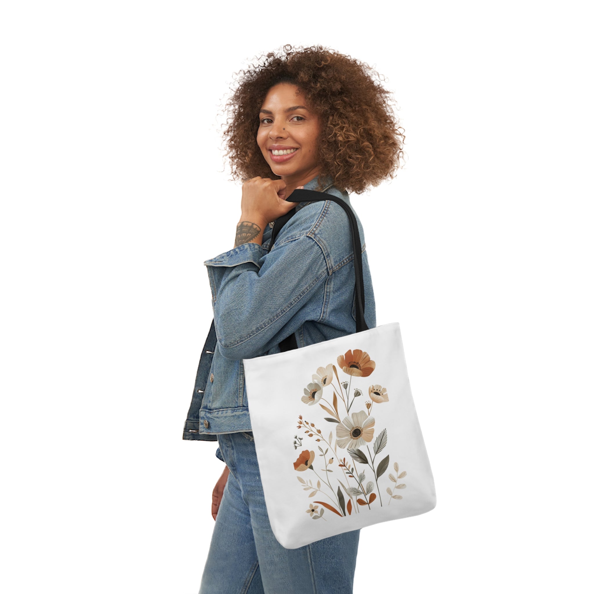 100% Polyester Canvas Tote Bag, 5-Color Straps, Lightweight Wildflower Tote Bag, Shopping Bag, Gift for Mom, Gift for Friend, Reusable Shopping Bag