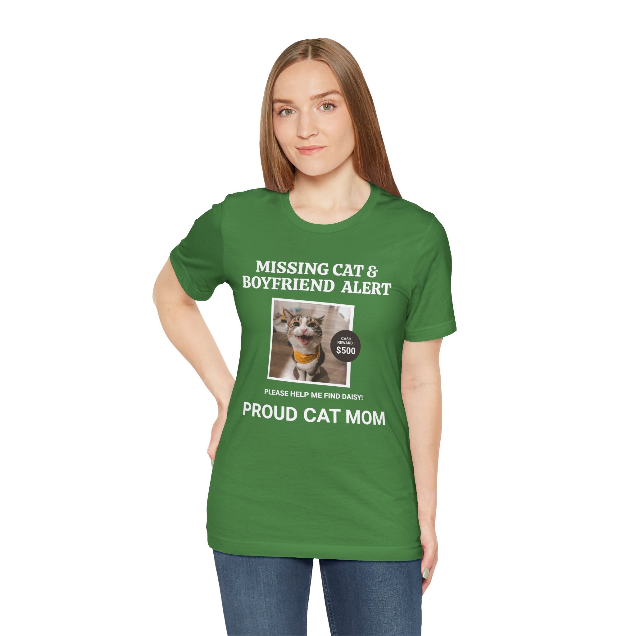 Funny Missing Cat & Boyfriend Alert Unisex Jersey Short Sleeve T-shirt, Cat Mom shirt, Funny Cat Shirt, Cat lover Shirt, Gift for Cat Mom, Cat T-shirt