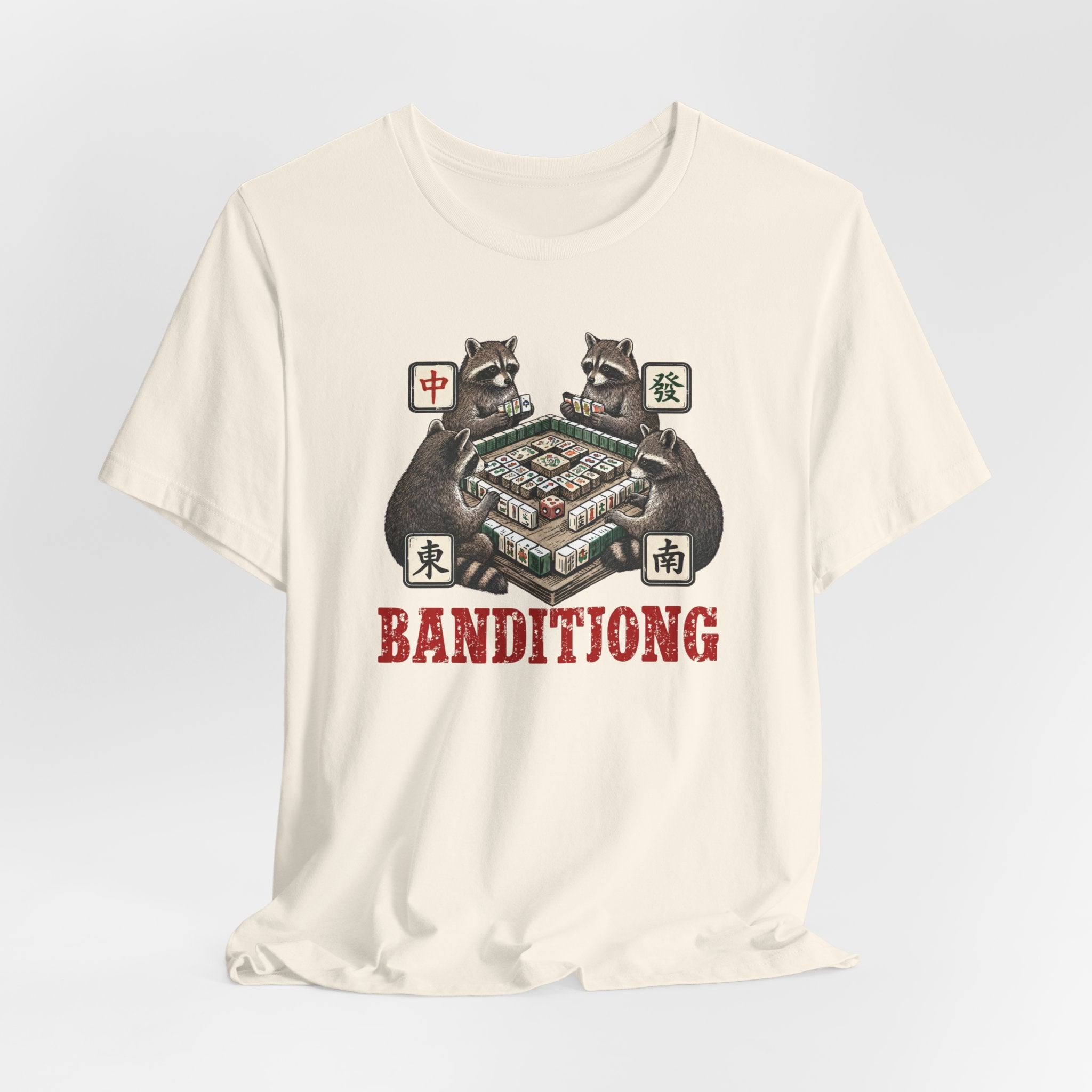 Mahjong Bella Canvas 3001 shirt, Raccoons playing Banditjong outfit, vintage Chinese tile game gift