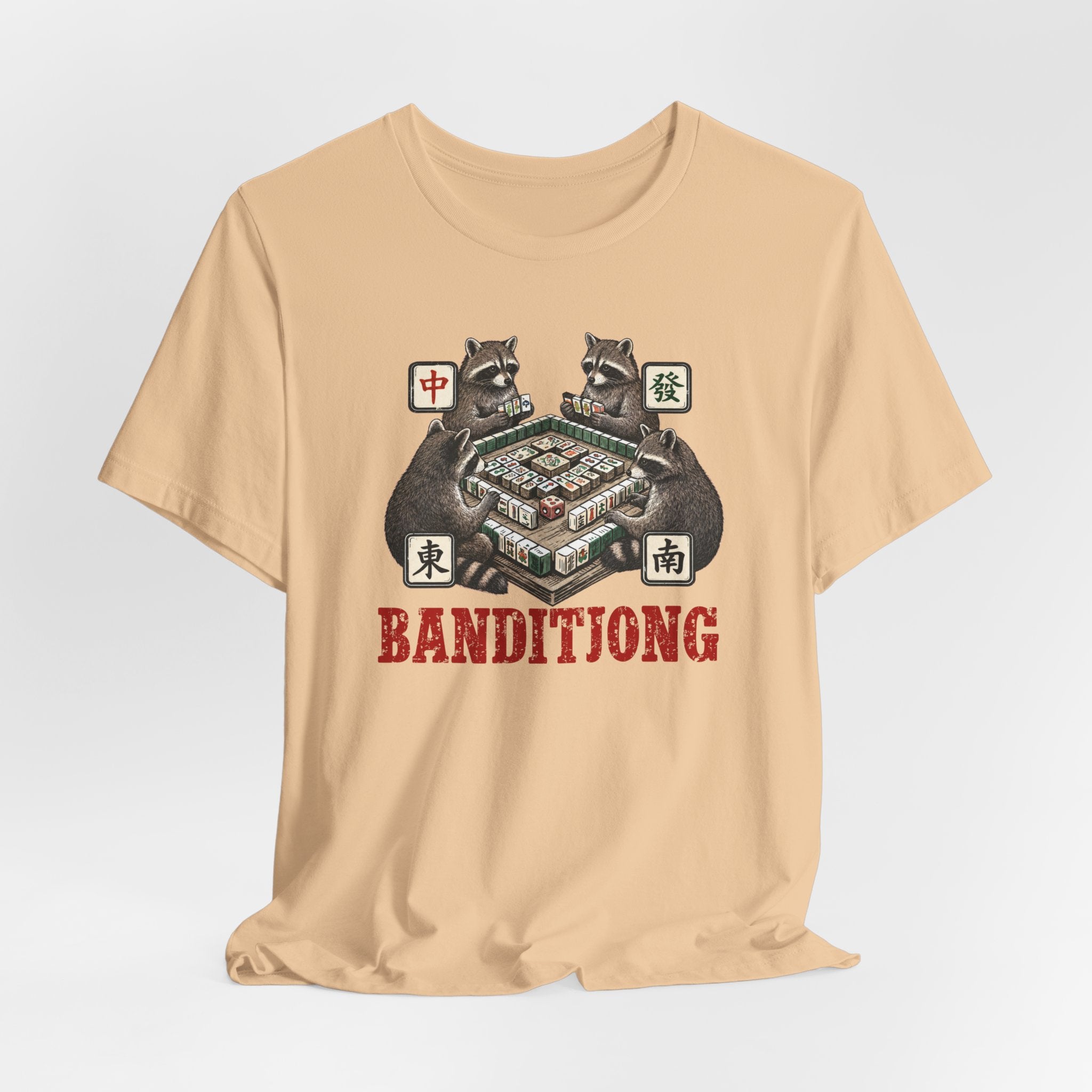 Mahjong Bella Canvas 3001 shirt, Raccoons playing Banditjong outfit, vintage Chinese tile game gift