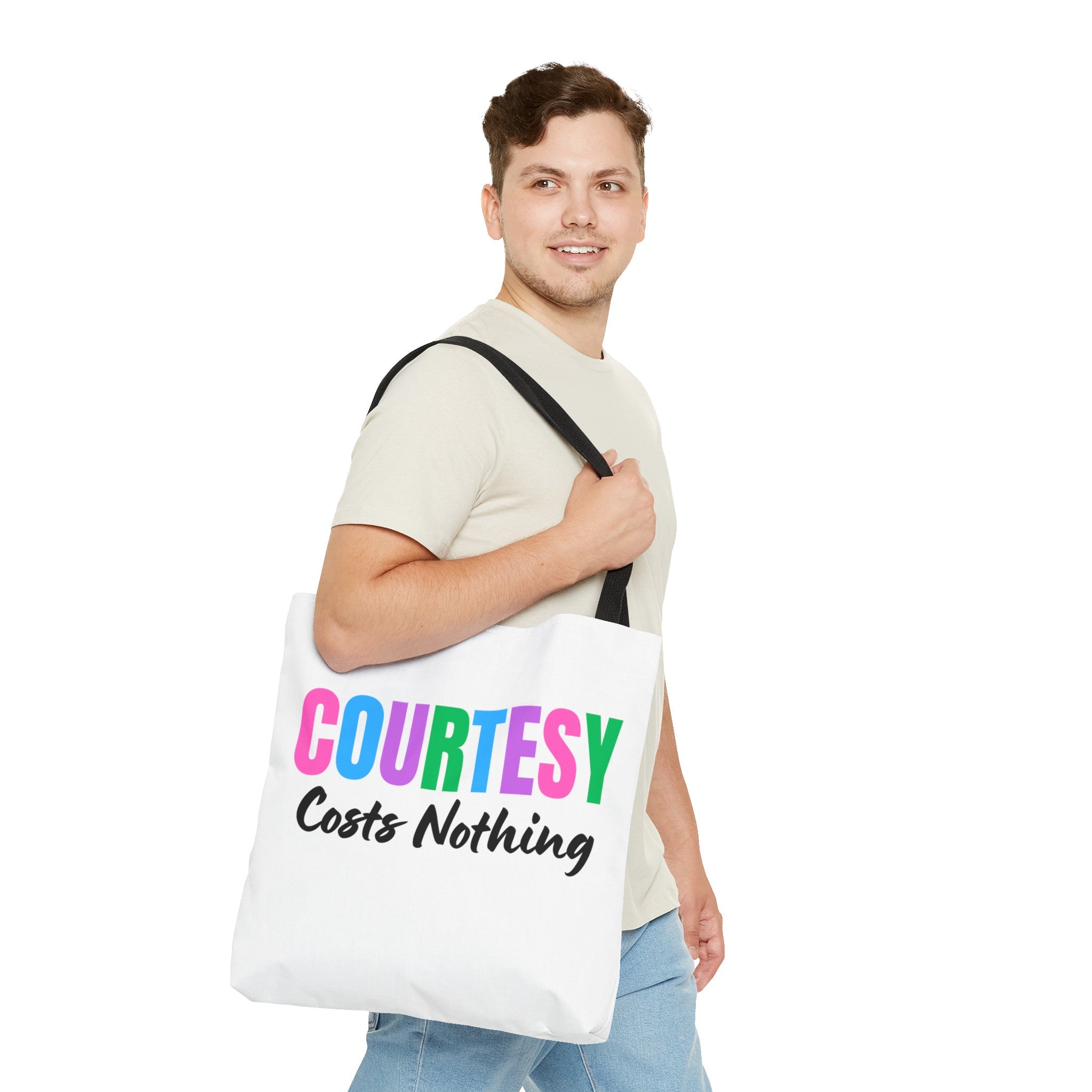 Courtesy Costs Nothing Tote Bag (AOP), Kindness Bag, Respect Bag, Show Compassion, Be Courteous, Stop Bullying