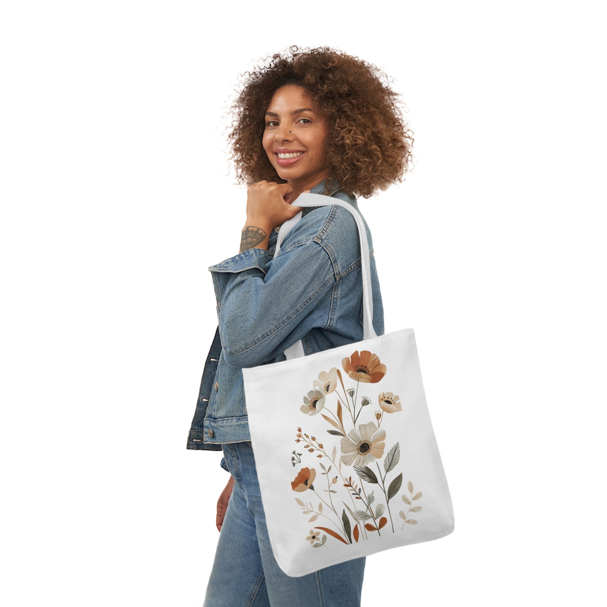 100% Polyester Canvas Tote Bag, 5-Color Straps, Lightweight Wildflower Tote Bag, Shopping Bag, Gift for Mom, Gift for Friend, Reusable Shopping Bag