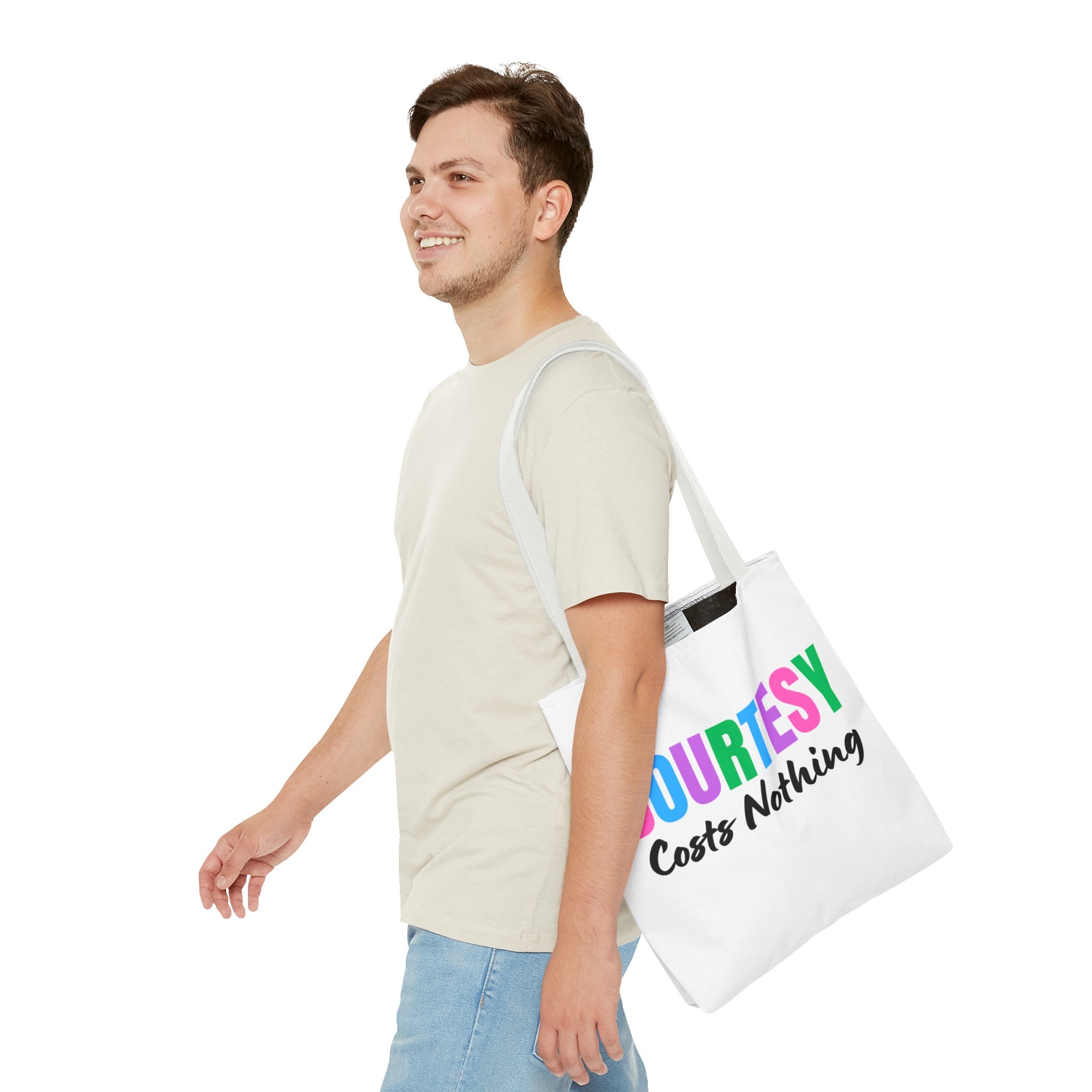 Courtesy Costs Nothing Tote Bag (AOP), Kindness Bag, Respect Bag, Show Compassion, Be Courteous, Stop Bullying