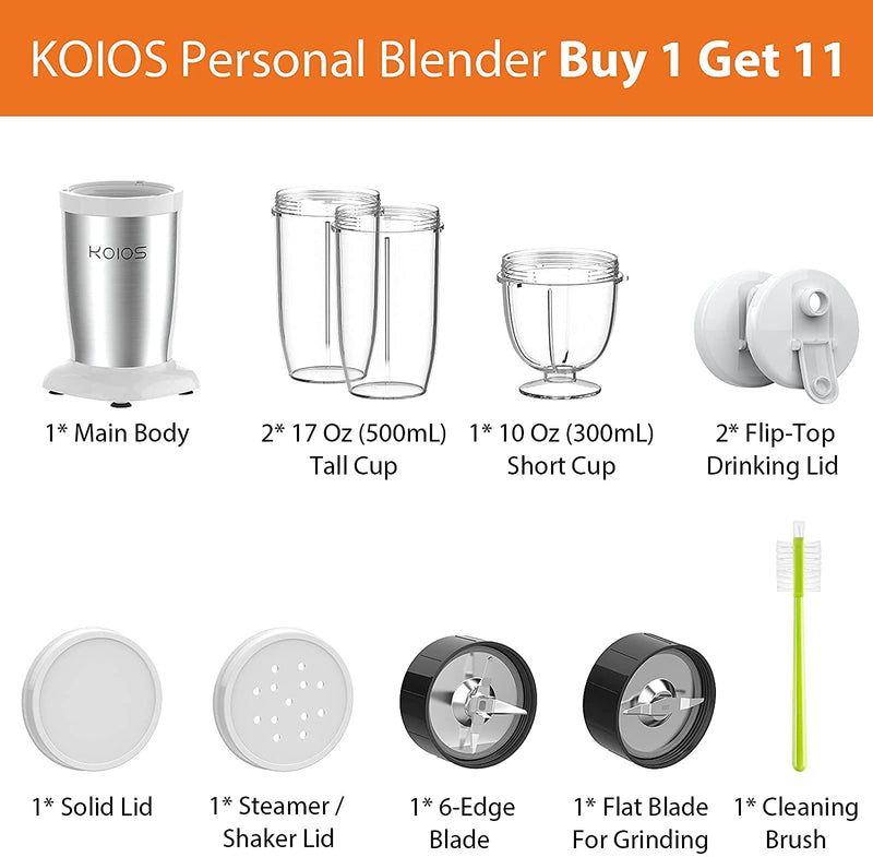 KOIOS PRO 850W Bullet Personal Blender for Shakes and Smoothies, Protein Drinks, 11 Pieces Set Blender for Kitchen Baby Food, White
