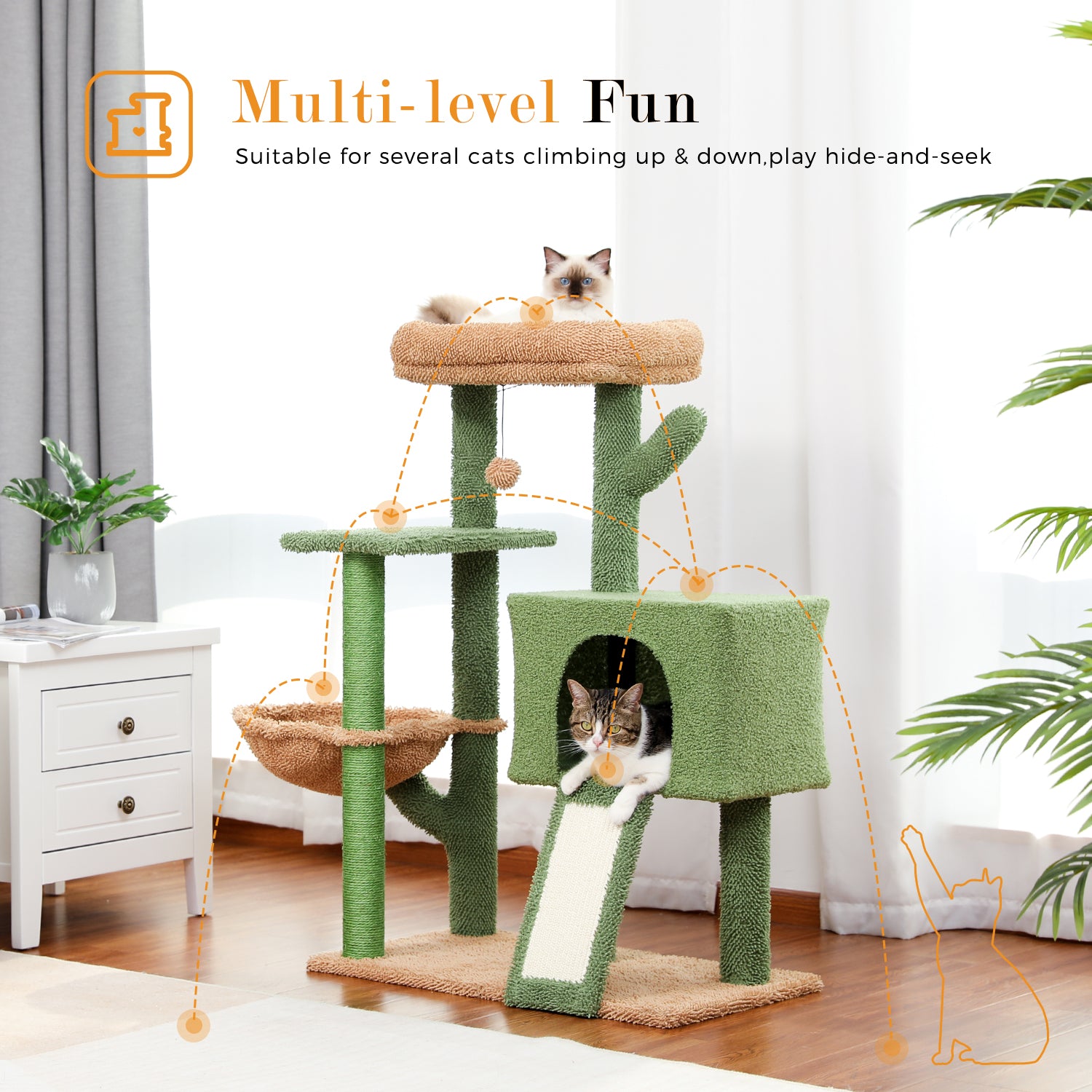 Cactus Cat Tree Cat Tower with Sisal Covered Scratching Post and Cozy Condo Cat Climbing Stand with Plush Perch & Soft Hammock