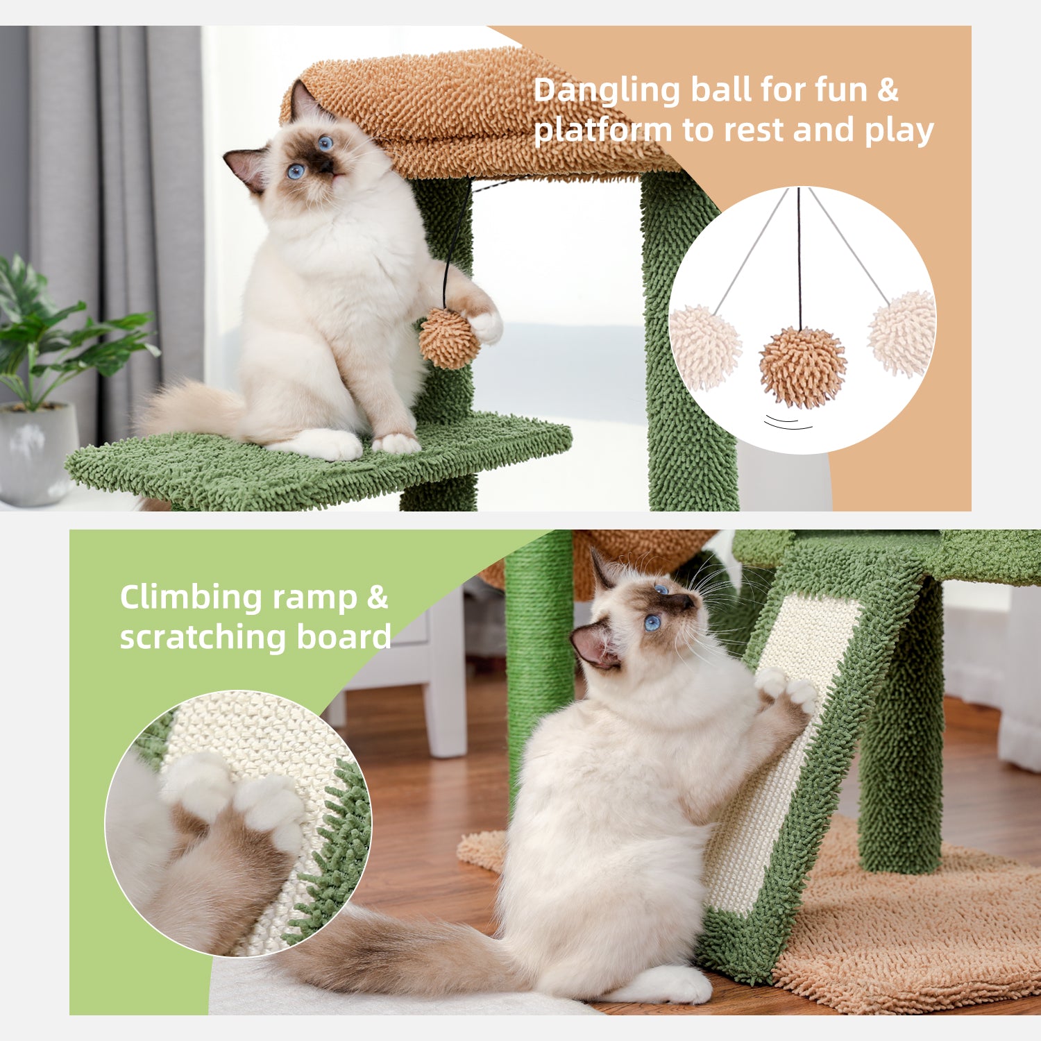Cactus Cat Tree Cat Tower with Sisal Covered Scratching Post and Cozy Condo Cat Climbing Stand with Plush Perch & Soft Hammock